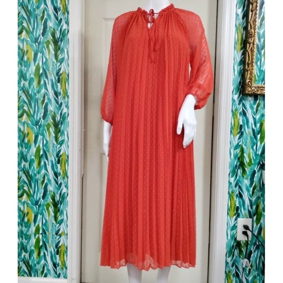 Nanette Pleta Cup Split Neck Three Quarter Sleeve Dot Print Dress Orange Size 6 - Picture 2 of 12